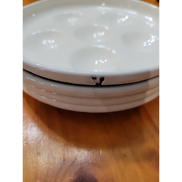 4 Escargot White Enamel Metal Plates Baking Dishes & Server Escargot/Mushroom - Picture 4 of 12